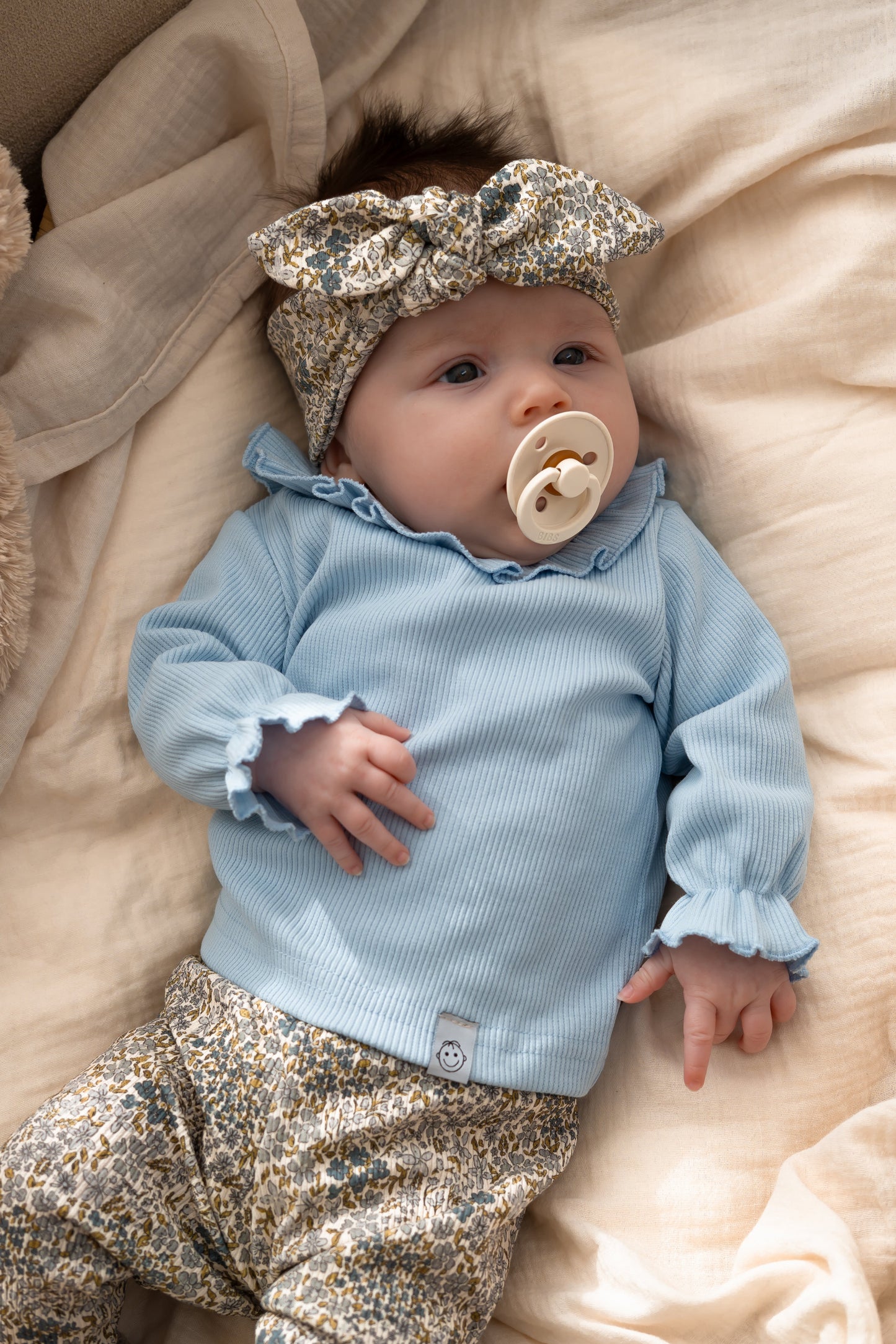 Haarbandje knoop Bloemetjes Blauw (rib)