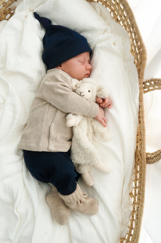 Newborn set Navy blauw (rib) broek + muts