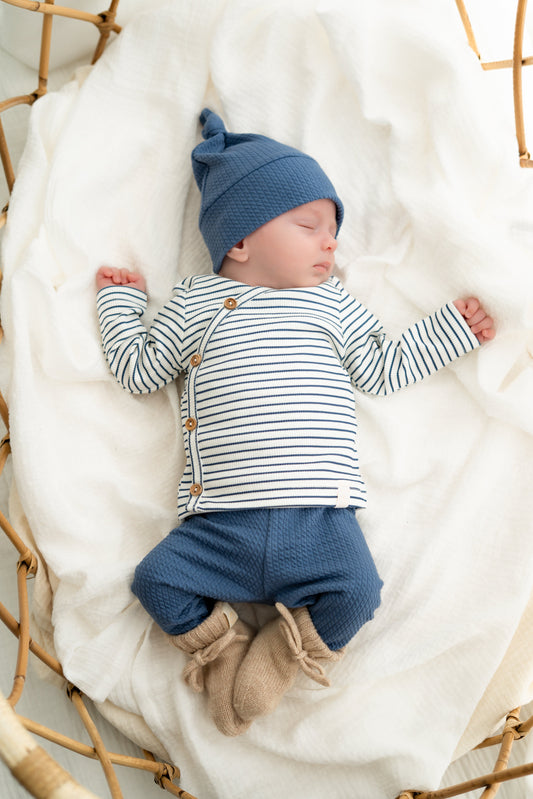 Newborn set Denim blauw (cable) broek + muts