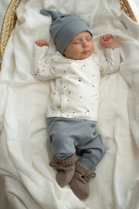 Newborn set Staalblauw (rib) broek + muts