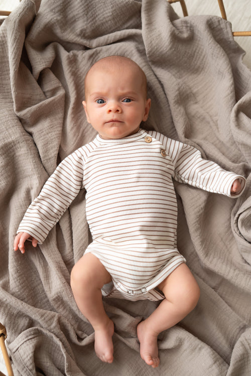 Romper buttons Streepjes Taupe (rib)