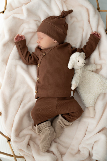 Newborn set Bruin (rib) broek + muts