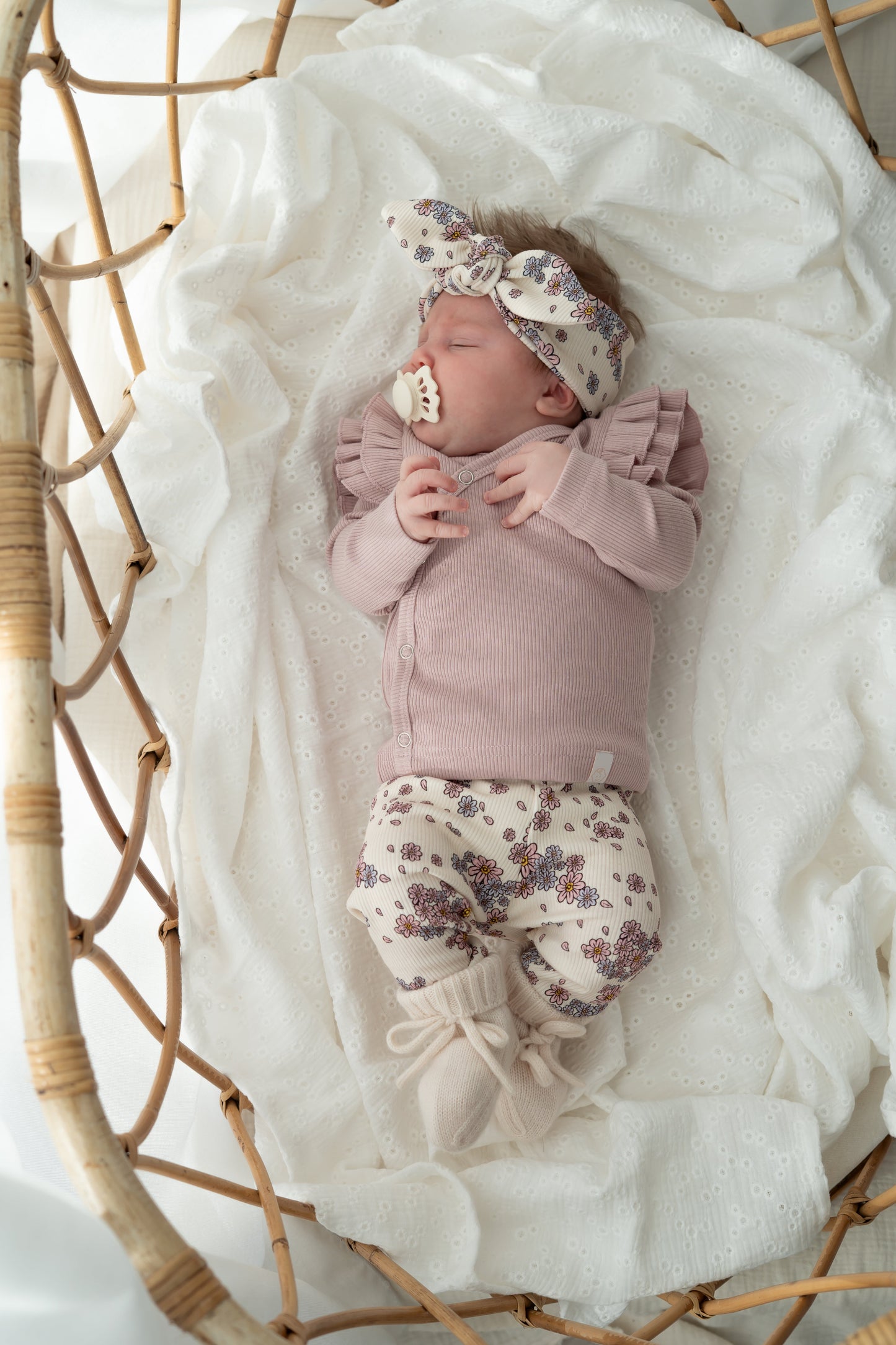 Haarbandje knoop Bloemen lila pastel (rib)