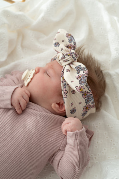 Haarbandje knoop Bloemen lila pastel (rib)