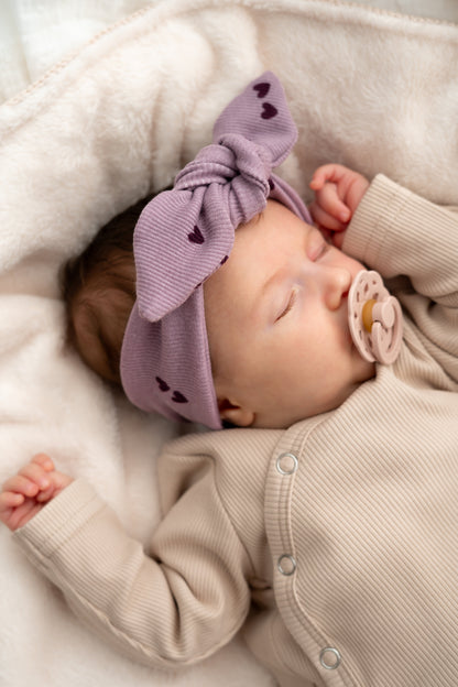 Haarbandje knoop hartjes paars  (rib)