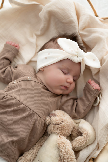 Haarbandje knoop mini hartjes beige (rib)