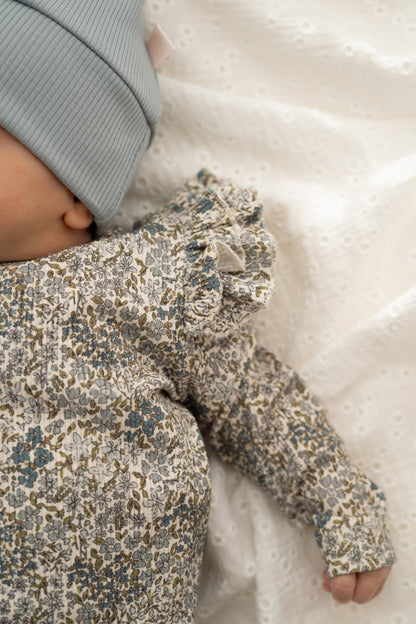 Overslagshirtje dubble ruffle Bloemetjes blauw (rib)