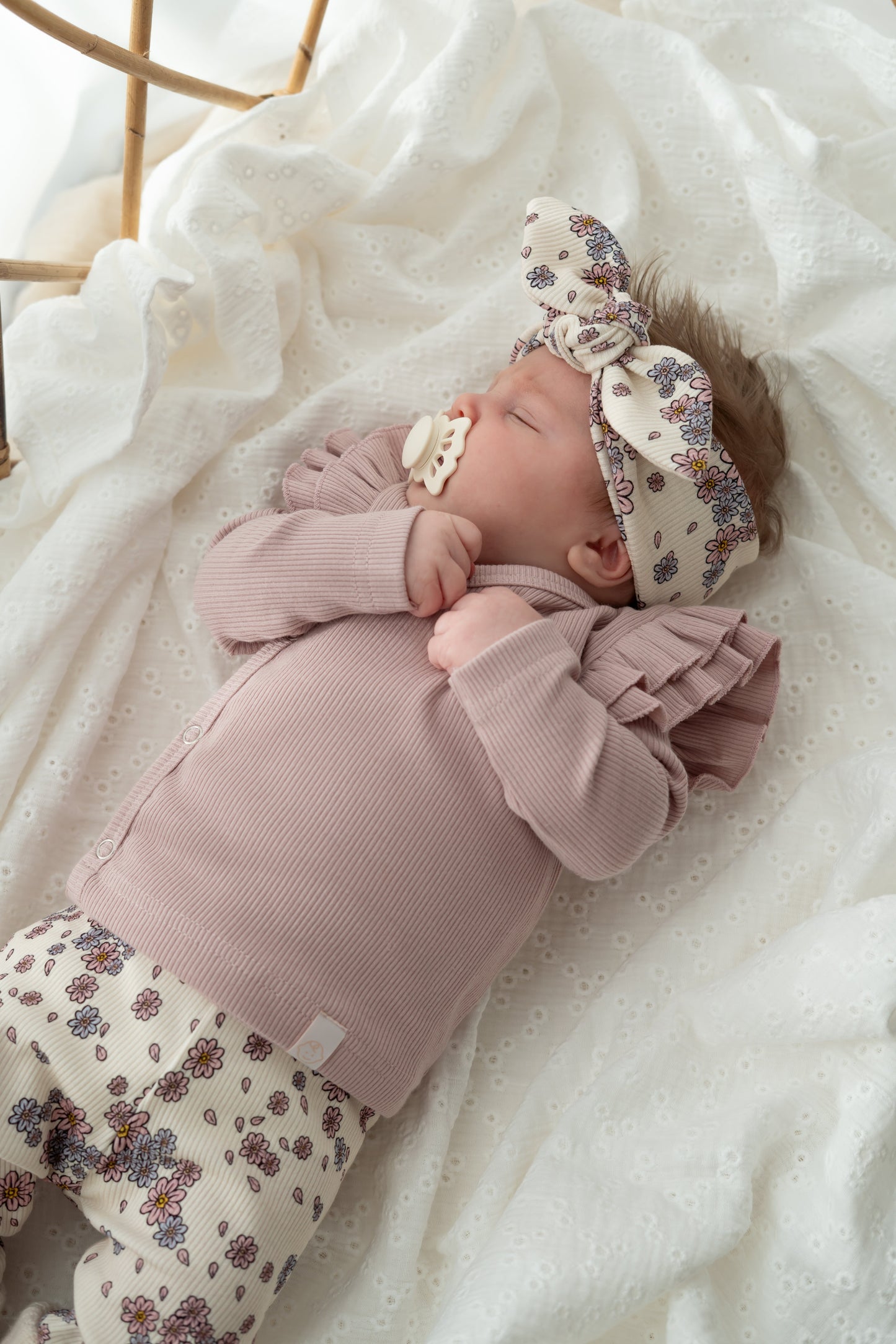 Haarbandje knoop Bloemen lila pastel (rib)