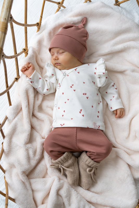 Overslagshirtje dubble ruffle mini hartjes klei roze (rib)