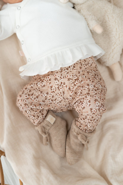 Prematuur broekje Flowerbomb beige (rib)