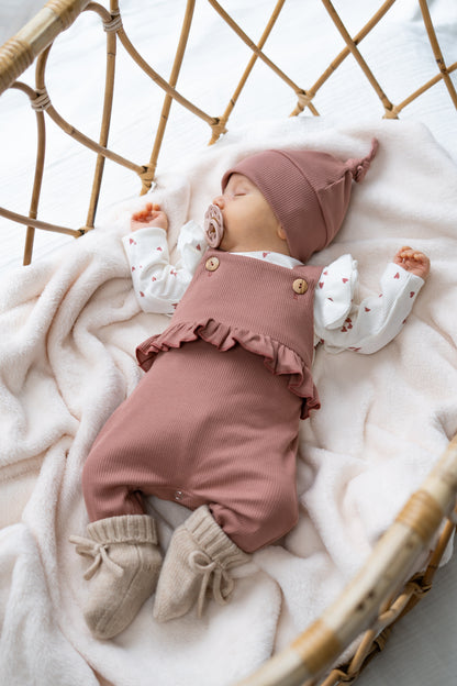 Overslagshirtje dubble ruffle mini hartjes klei roze (rib)